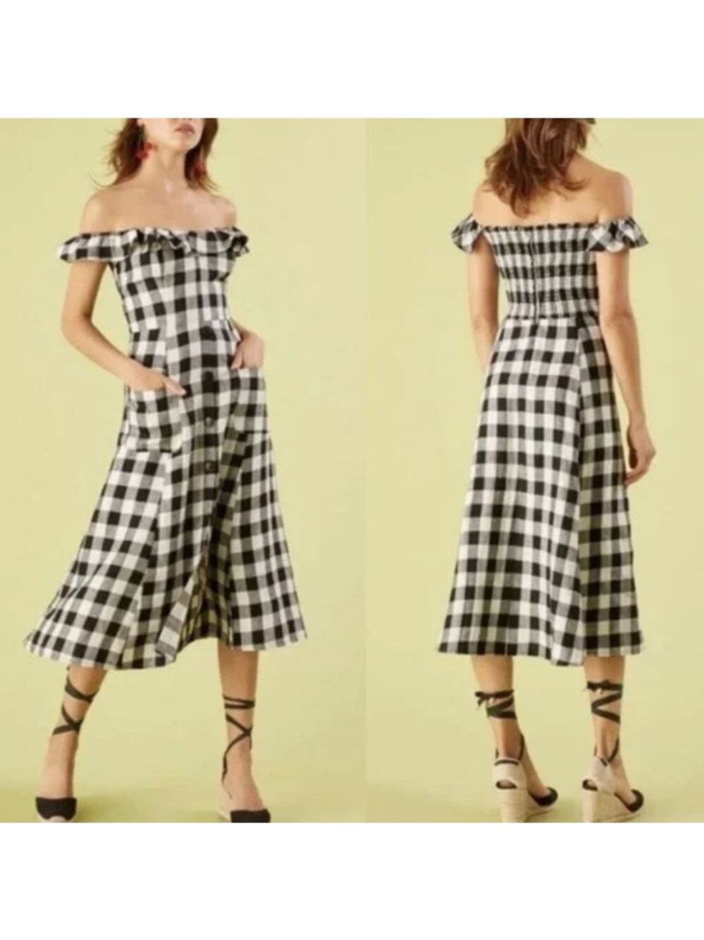 Reformation 100% Linen Black & White Gingham Midi Dress Sz 4 Off-Shoulder